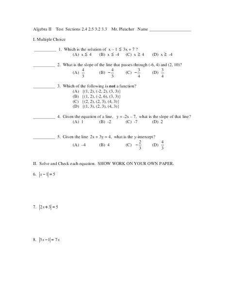 Algebra 2 Test Worksheet