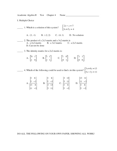 Algebra 2 Test Worksheet