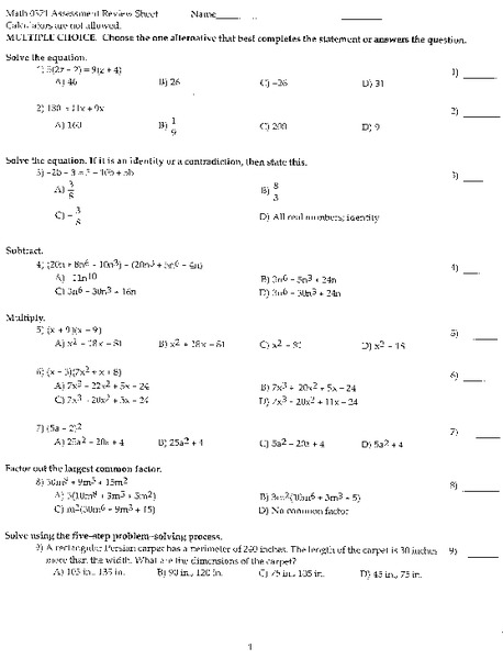 Algebra Assessment Review Assessment