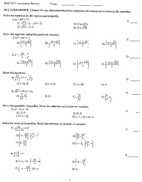 Algebra Assessment Review Assessment