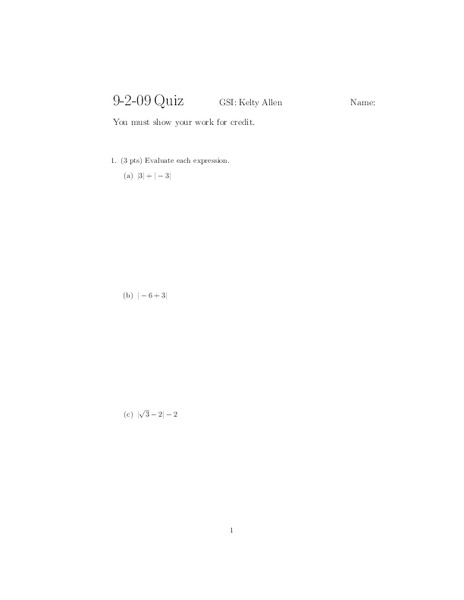 Algebra Quiz Worksheet