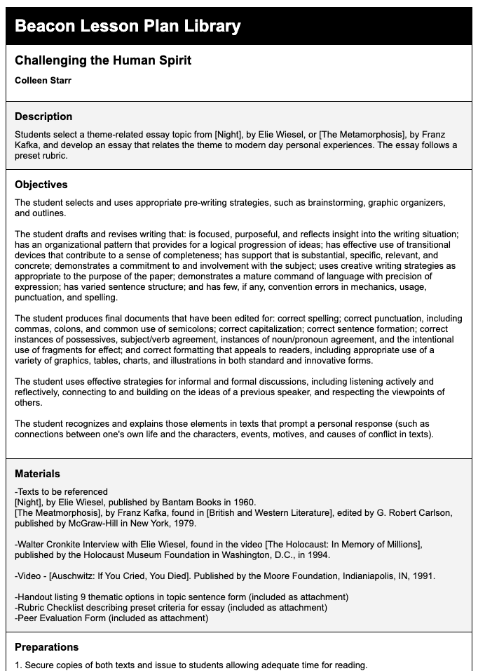 Challenging the Human Spirit Lesson Plan