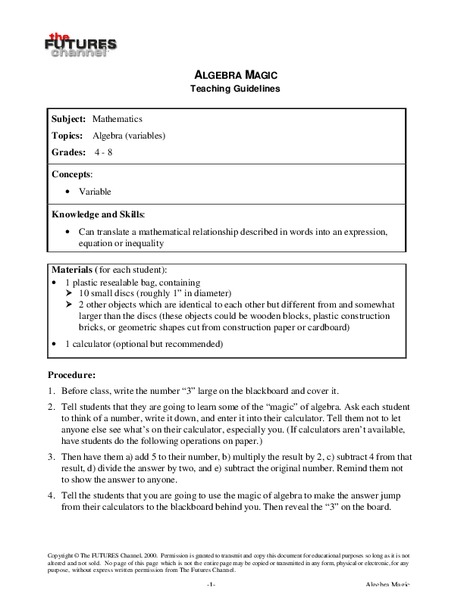 Algebra Magic Lesson Plan