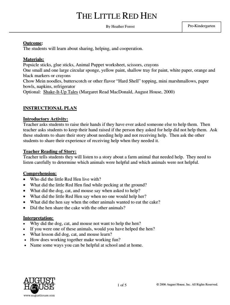 The Little Red Hen Lesson Plan