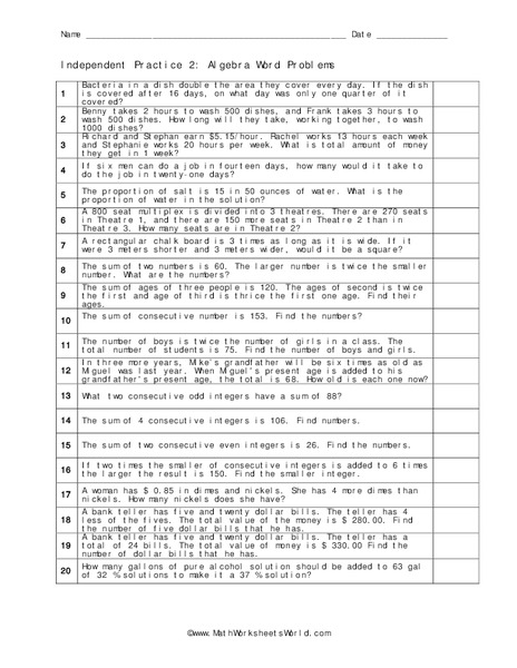 Algebra Word Problems Worksheet