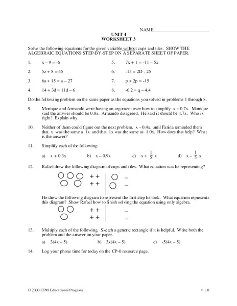 Algebraic Equations Worksheet