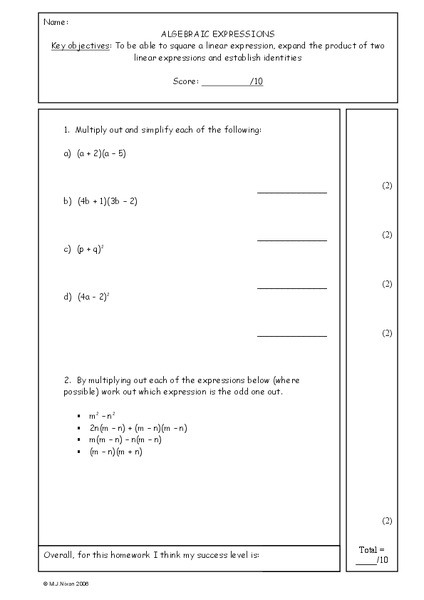 Algebraic Expressions Worksheet