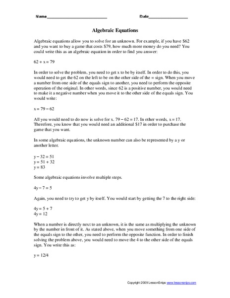 Algebraic Equations Worksheet