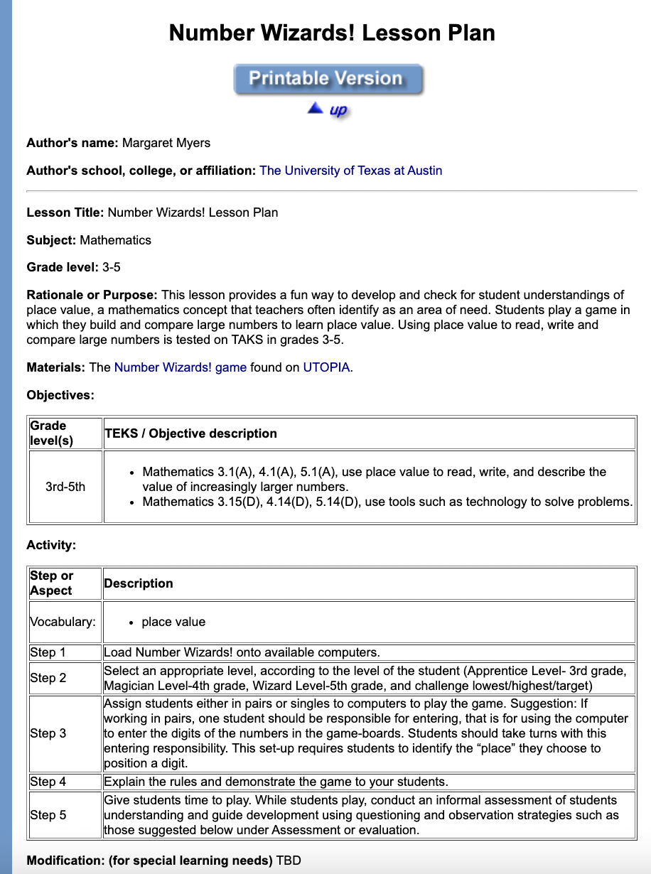 Number Wizards! Lesson Plan Lesson Plan