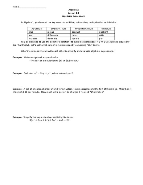 Algebraic Expressions Worksheet