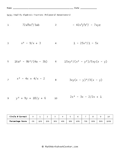Algebraic Fractions Worksheet
