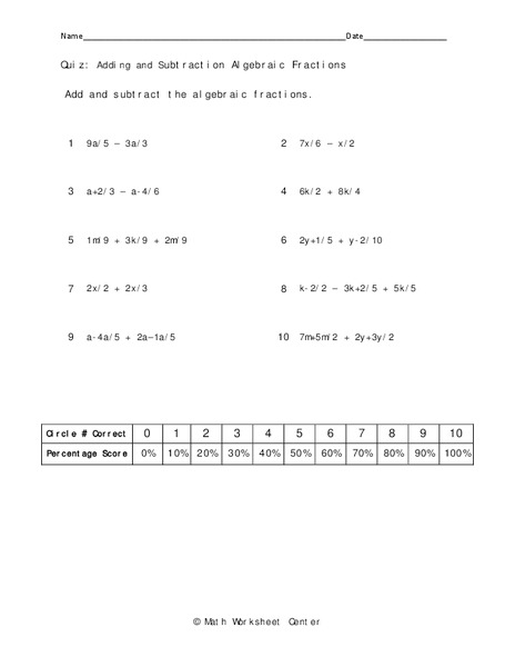 Algebraic Fractions Worksheet