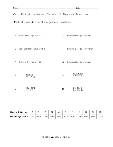 Algebraic Fractions Worksheet