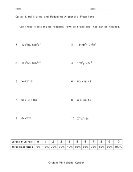 Algebraic Fractions Worksheet