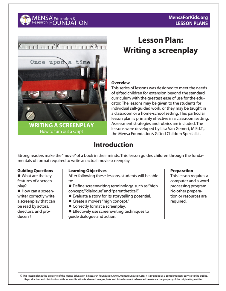 Writing a Screenplay Unit Plan