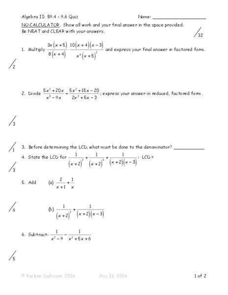Algebraic Fractions Worksheet
