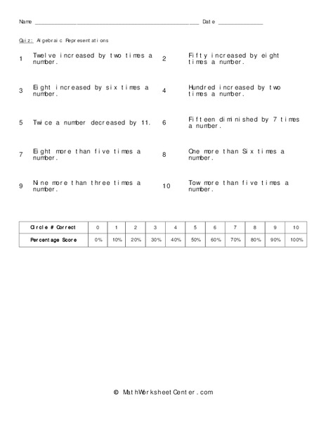 Algebraic Representations Worksheet
