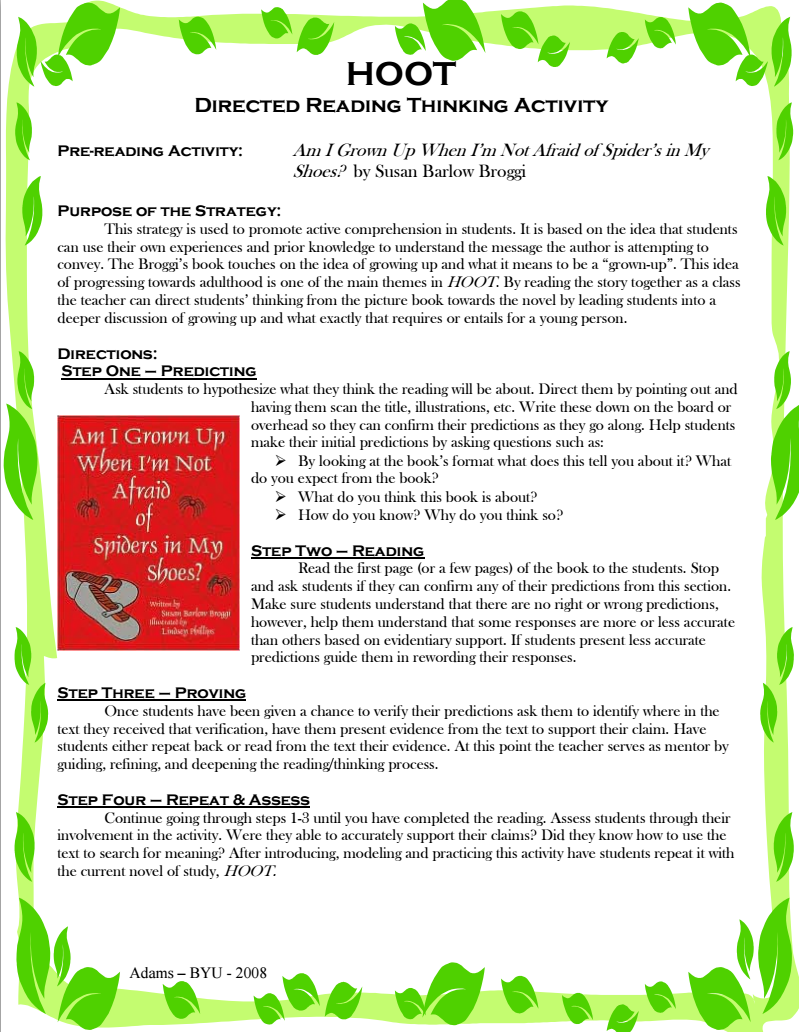 HOOT Directed Reading Thinking Activity Lesson Plan