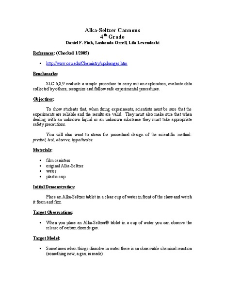 Alka-Seltzer Cannons Lesson Plan