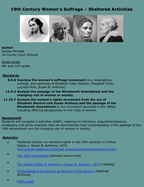 19th Century Women's Suffrage - Sheltered Activities Lesson Plan