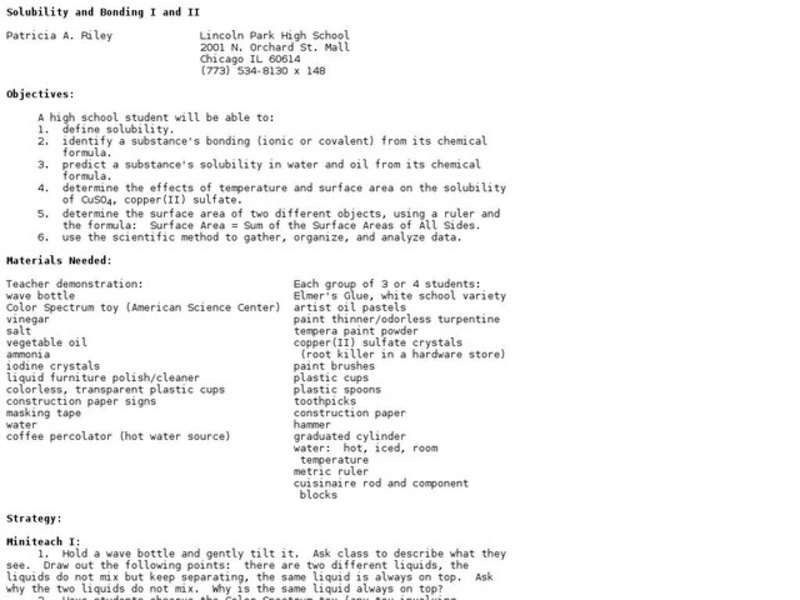 Solubility and Bonding I and II Lesson Plan