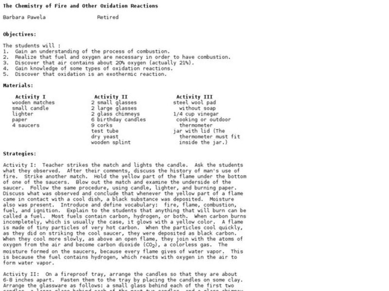 The Chemistry of Fire and Other Oxidation Reactions Lesson Plan