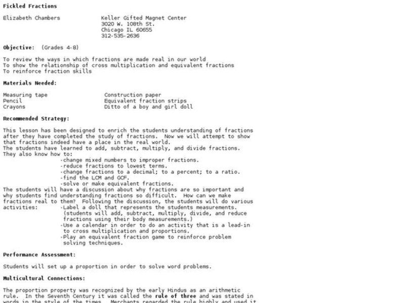 Fickled Fractions Lesson Plan