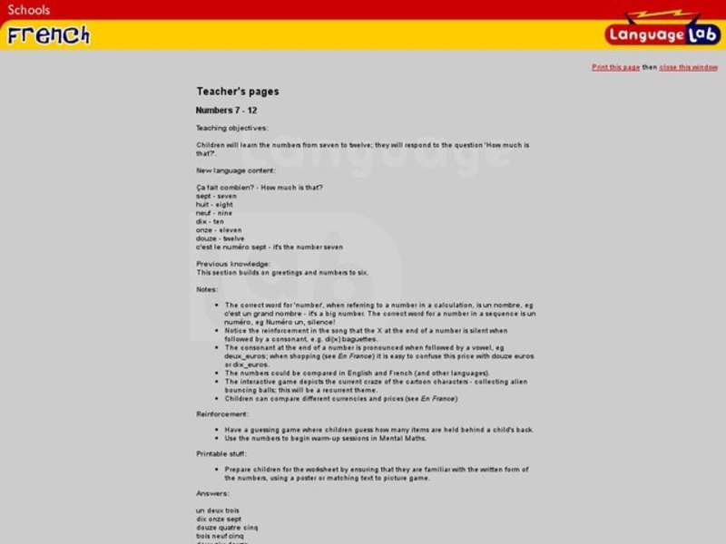 Counting in French: Numbers 7 - 12 Unit Plan