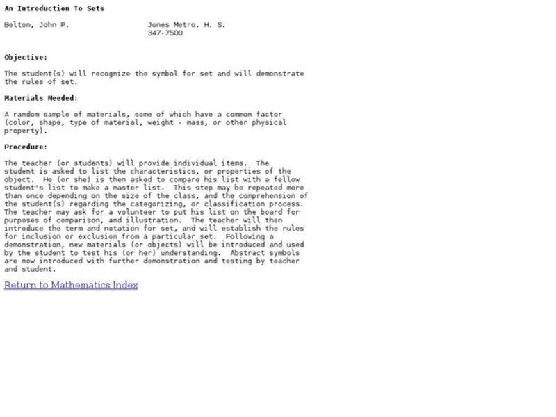 An Introduction To Sets Lesson Plan