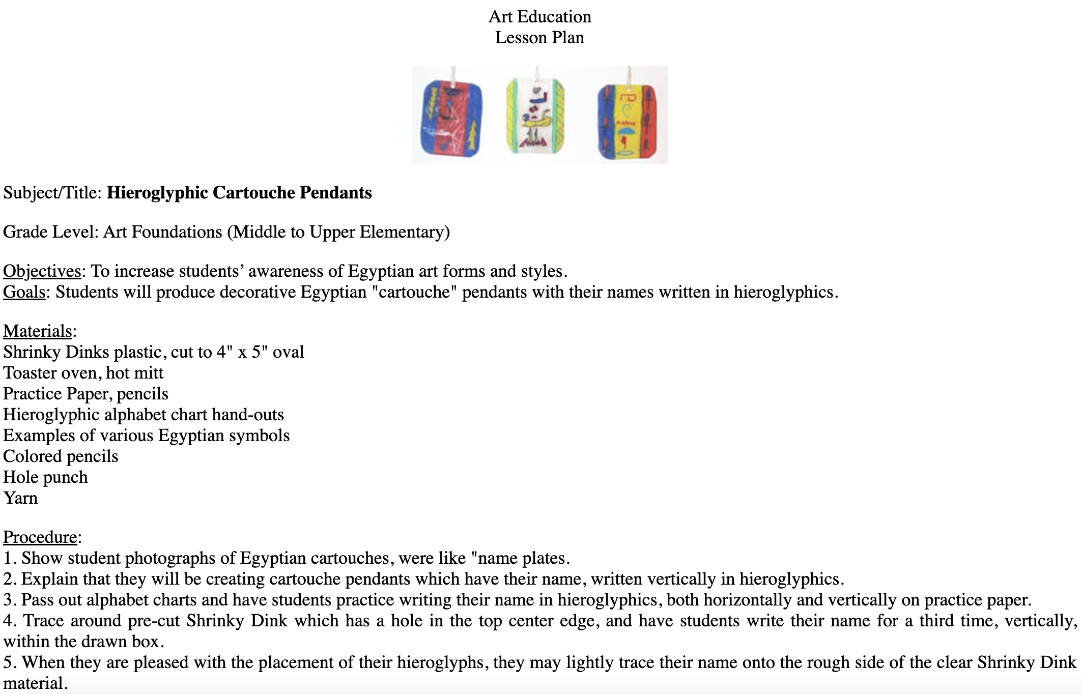 Hieroglyphic Cartouche Pendants Lesson Plan