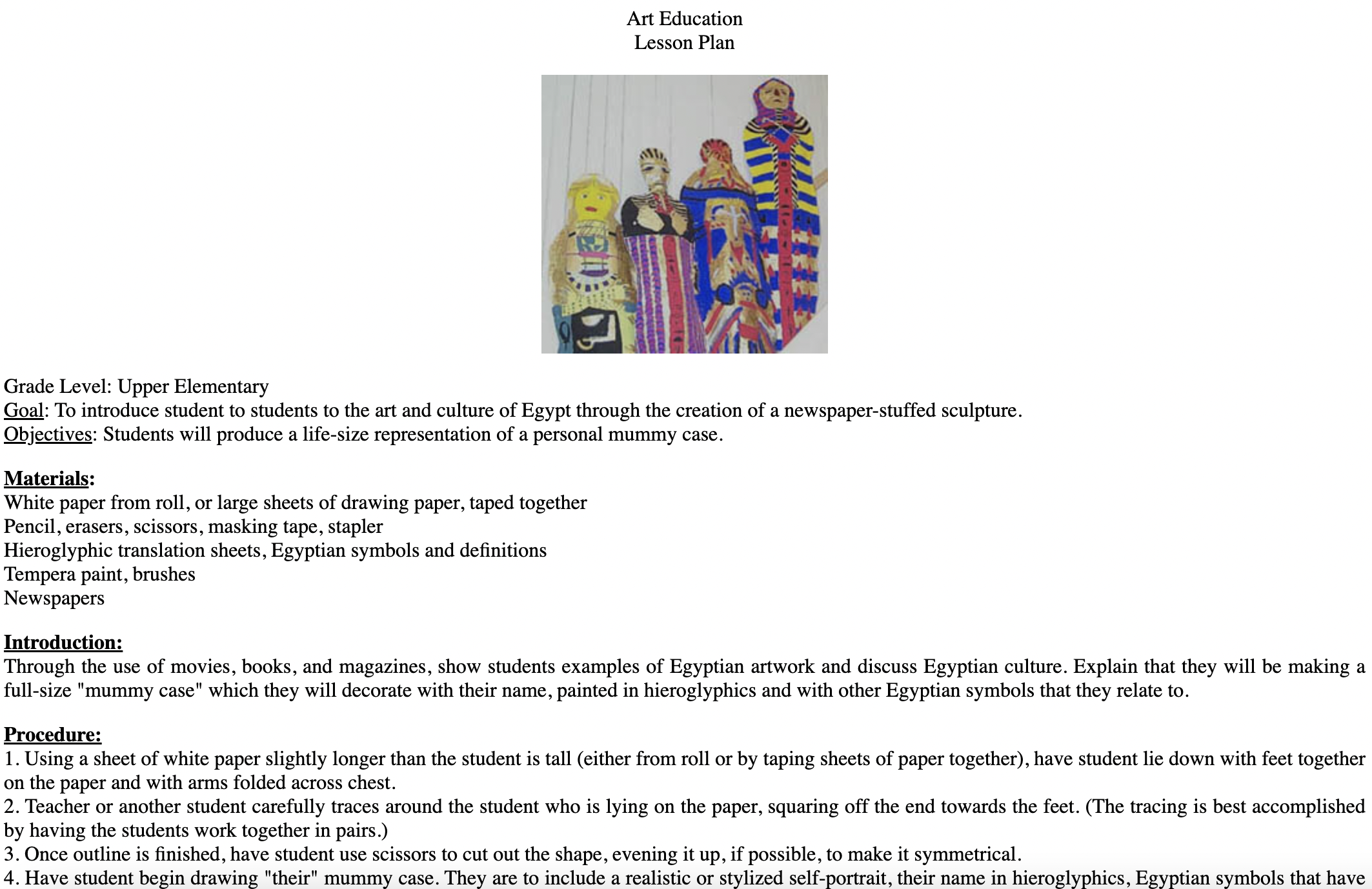 Egyptian Mummy Cases Lesson Plan