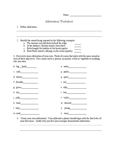 Alliteration Worksheet Worksheet
