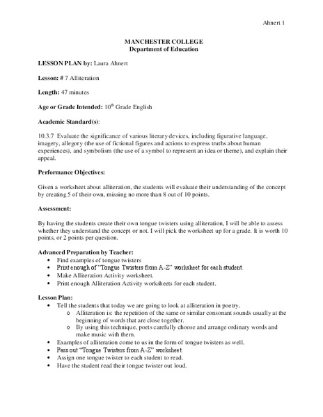 Alliteration Lesson Plan