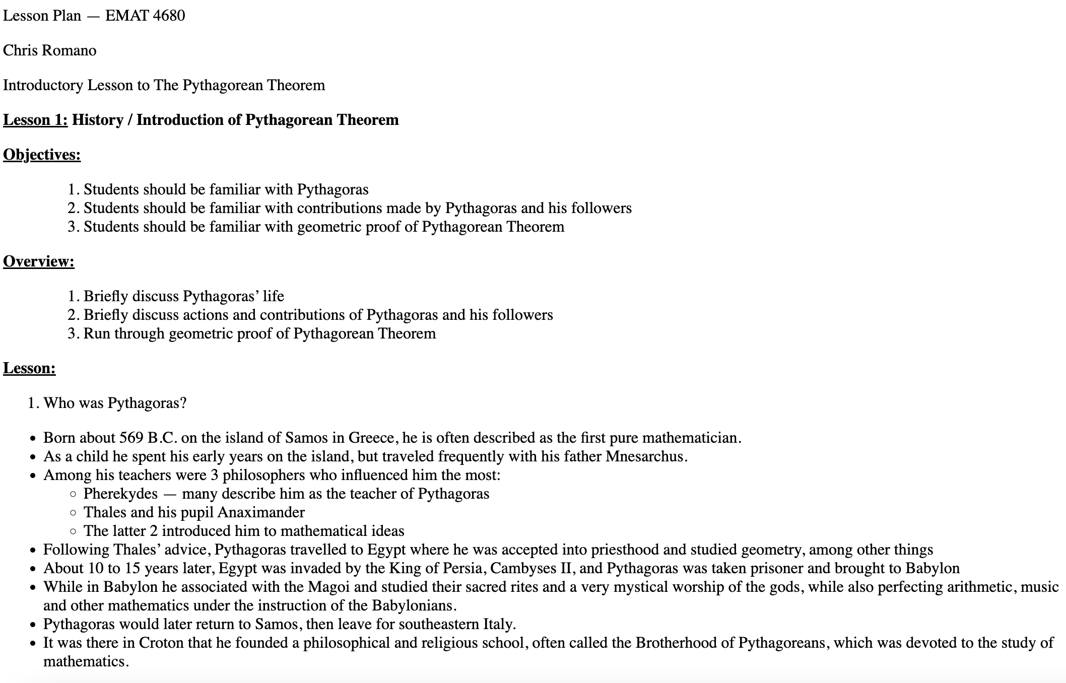 History / Introduction of Pythagorean Theorem Lesson Plan
