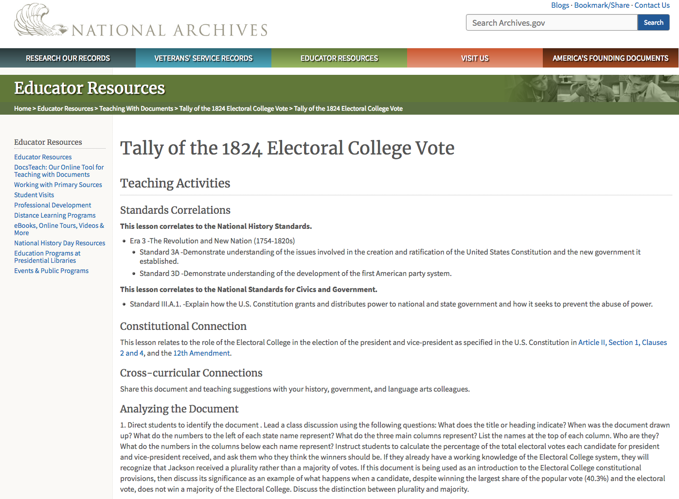 Tally of the 1824 Electoral College Vote Lesson Plan