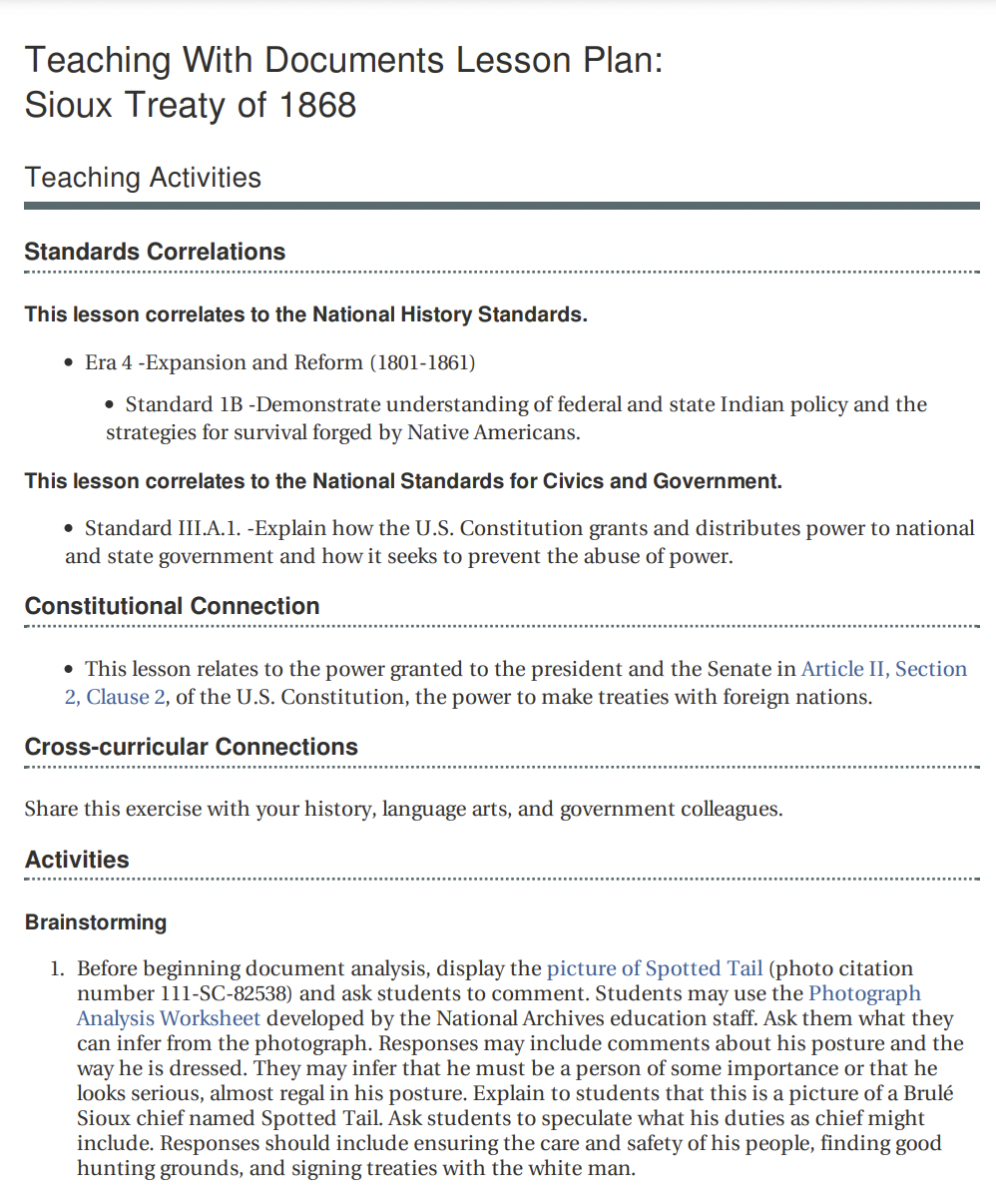 Teaching With Documents Lesson Plan: Sioux Treaty of 1868 Lesson Plan