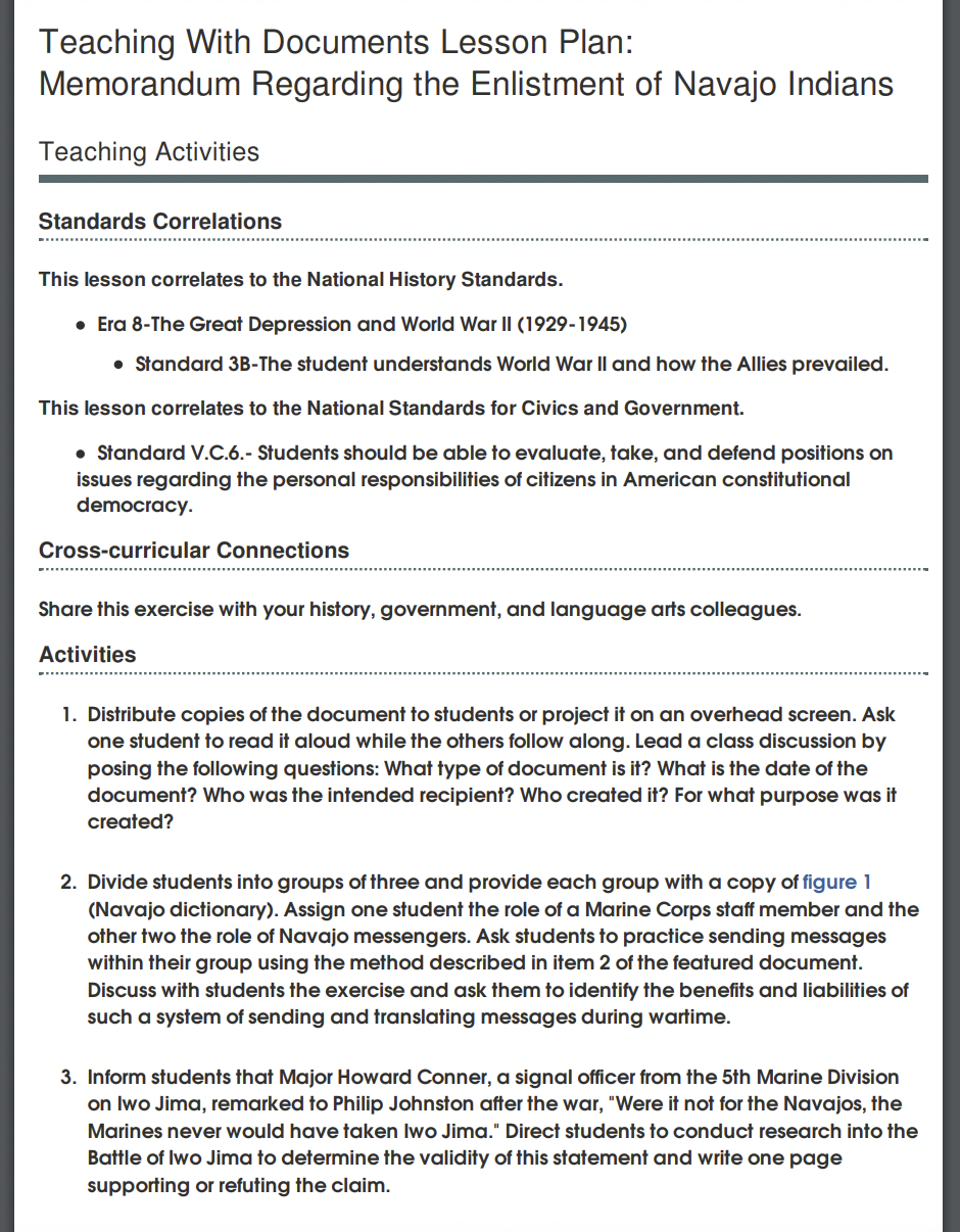 Memorandum Regarding the Enlistment of Navajo Indians Lesson Plan