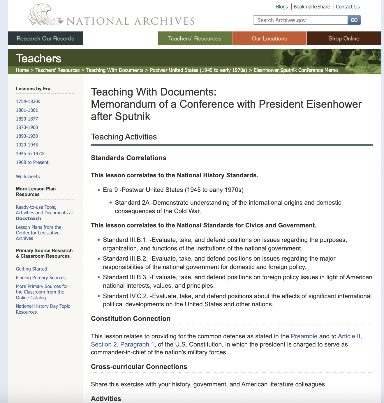 Memorandum of a Conference with President Eisenhower after Sputnik Lesson Plan