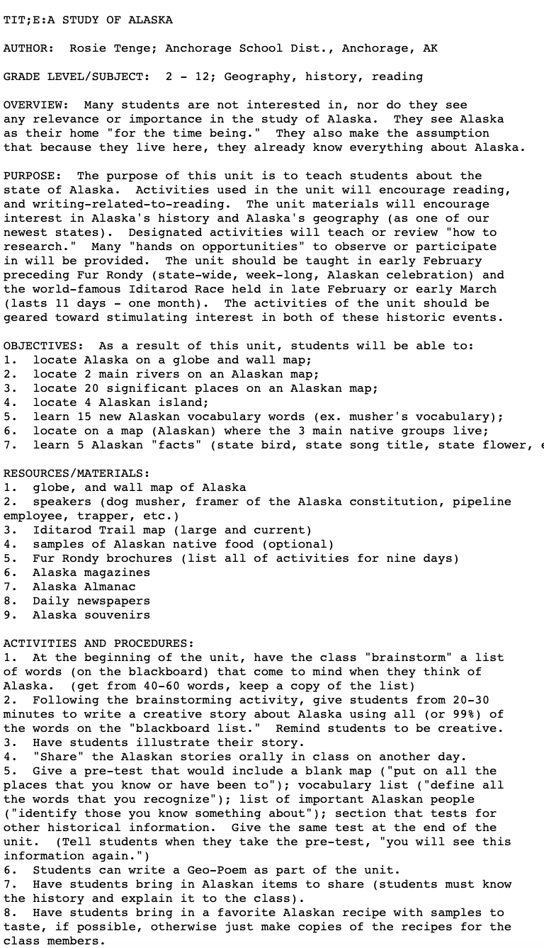 A Study of Alaska Lesson Plan