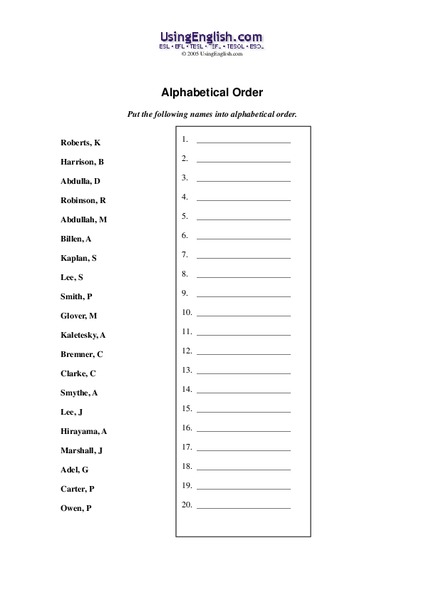 Alphabetical Order Worksheet