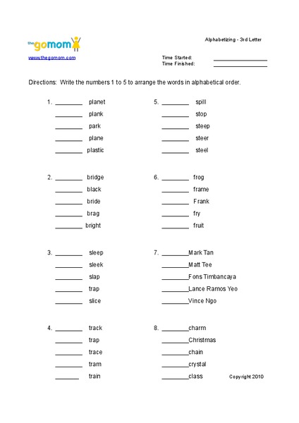 Alphabetizing Worksheet