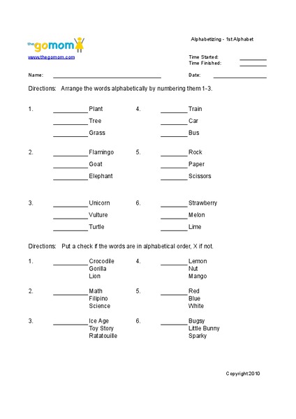 Alphabetizing Worksheet