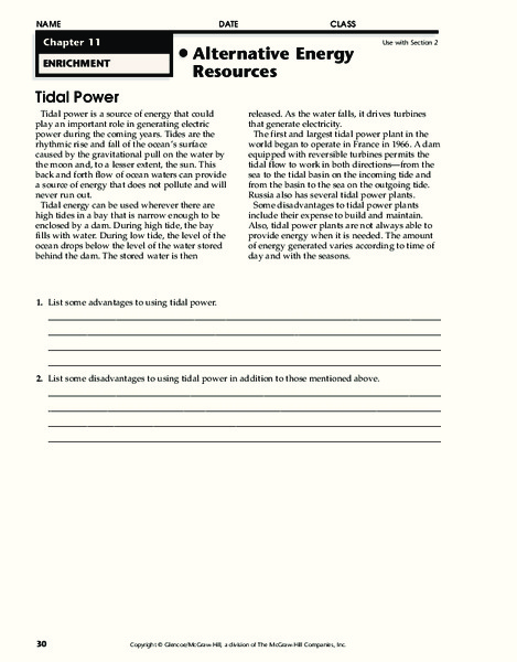 Alternative Energy Resources Worksheet