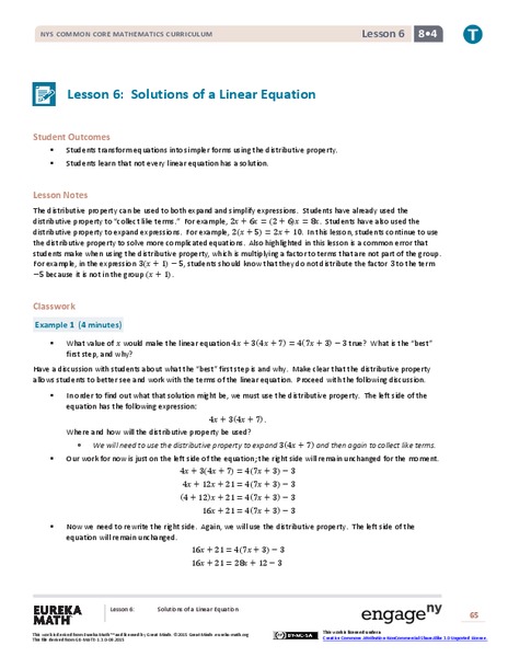 Solutions of a Linear Equation Lesson Plan