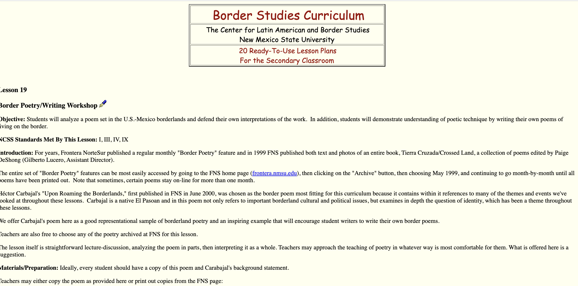 Border Poetry/Writing Workshop Lesson Plan