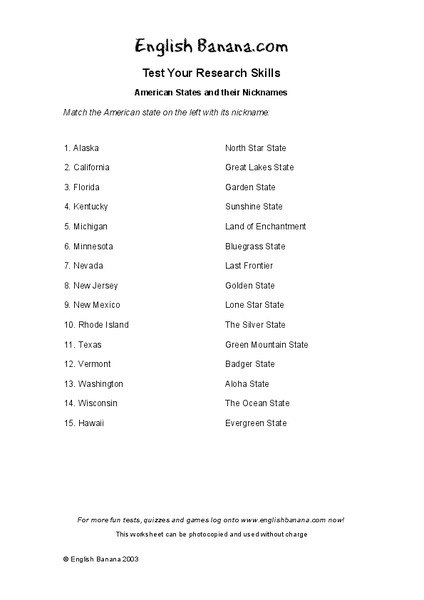 American States And Their Nicknames Worksheet