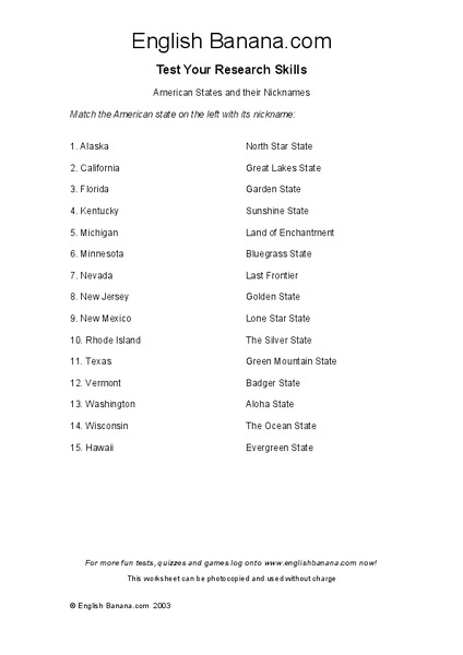 American States and Their Nicknames Worksheet