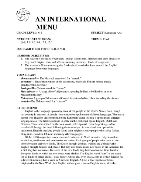 AN INTERNATIONAL MENU Lesson Plan