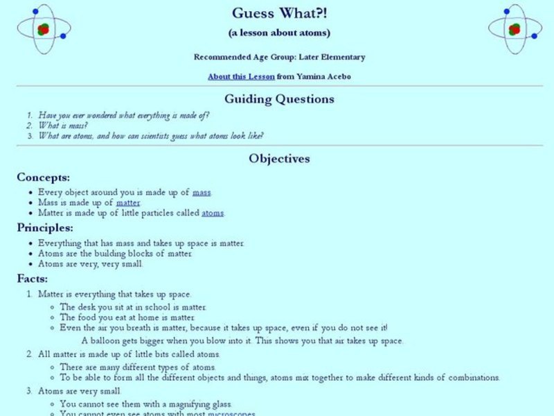 Guess What?! (a lesson about atoms) Lesson Plan