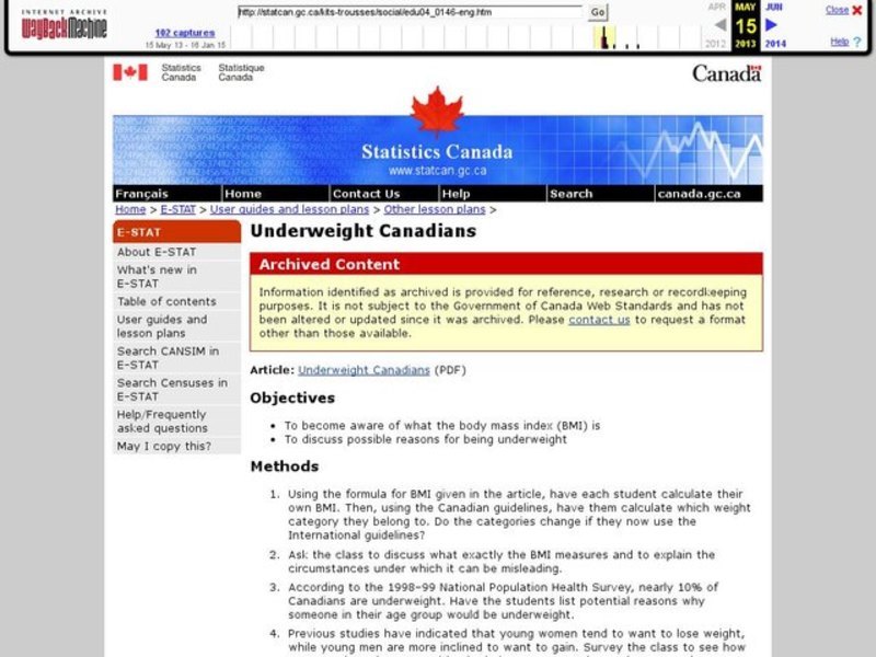Underweight Canadians Lesson Plan